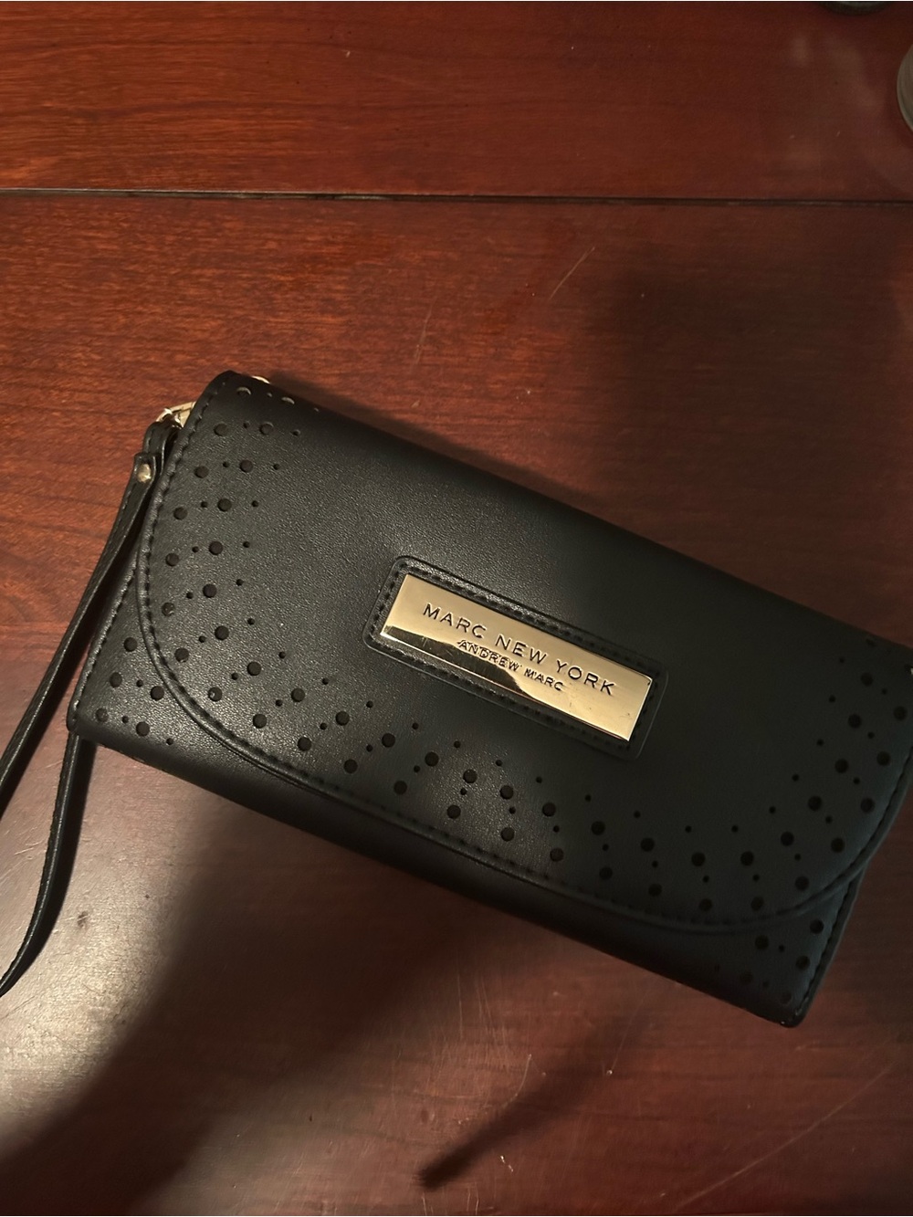 Marc New York Black Perforated Wristlet Clutch with Gold Logo Plate